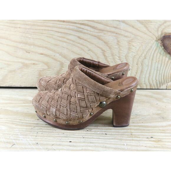 Ugg Shoes Womens 7 Arroyo Brown Leather Basket Weave Clogs Mules 3" - Picture 1 of 9